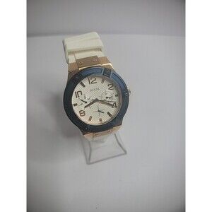 Vintage Guess Wristwatch Watch Womens Rose Gold Tone Blue White Band U0564L1